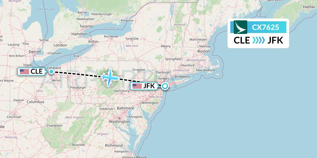 CX7625 Cathay Pacific Flight Map: Cleveland to New York