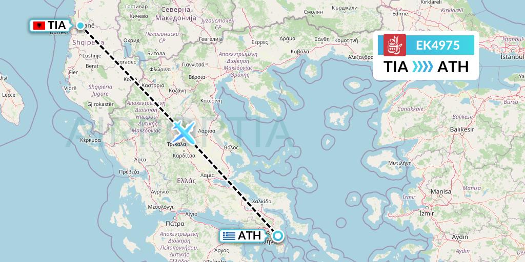EK4975 Emirates Flight Map: Tirana to Athens