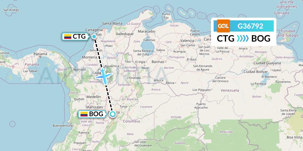 G36792 GOL Transportes Aeros Flight Map: Cartagena to Bogota