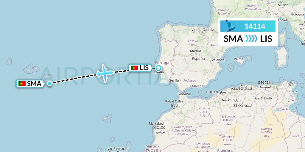 S4114 Azores Airlines Flight Map: Santa Maria to Lisbon