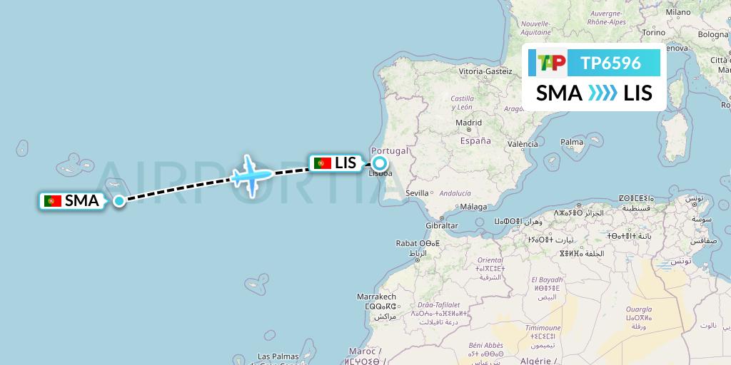 TP6596 TAP Portugal Flight Map: Santa Maria to Lisbon