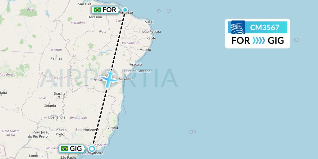 CM3567 Copa Airlines Flight Map: Fortaleza to Rio de Janeiro