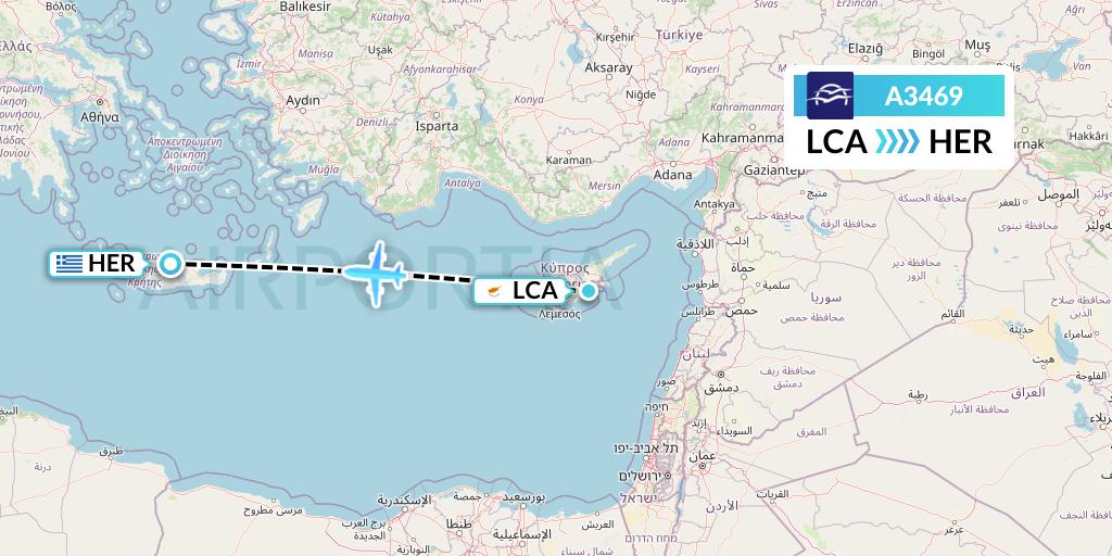A3469 Aegean Airlines Flight Map: Larnaca to Heraklion