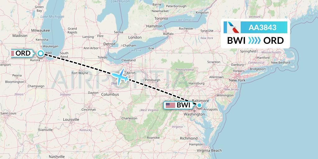 AA3843 American Airlines Flight Map: Baltimore to Chicago