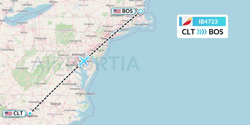 IB4723 Iberia Flight Map: Charlotte to Boston
