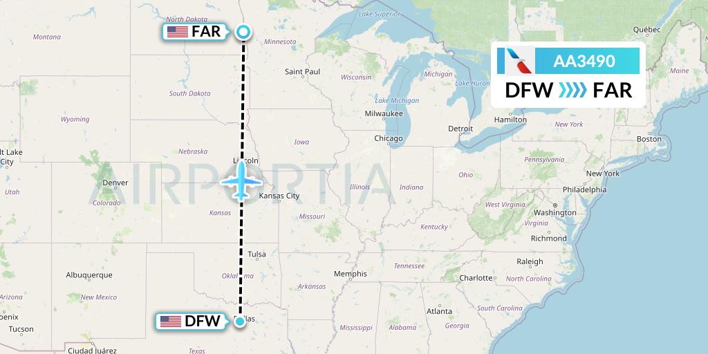 AA3490 American Airlines Flight Map: Dallas to Fargo