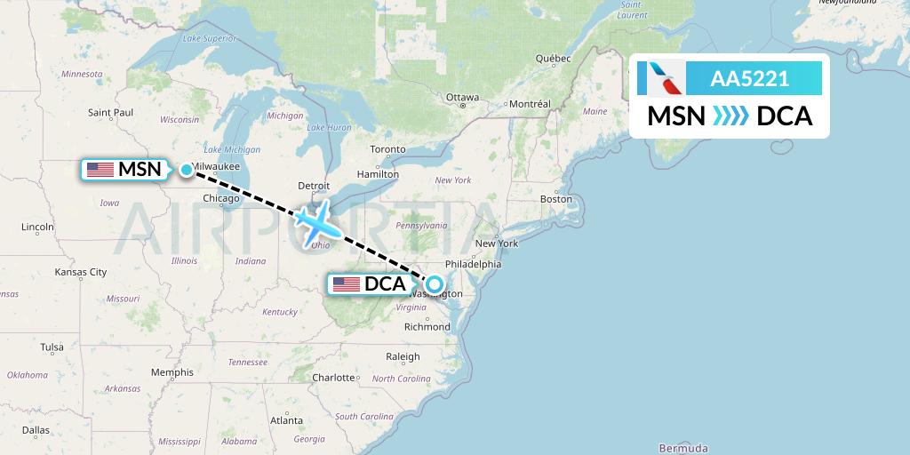 AA5221 American Airlines Flight Map: Madison to Washington