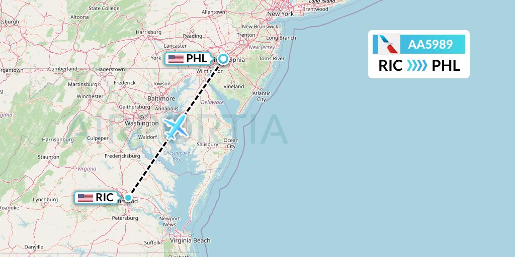 AA5989 American Airlines Flight Map: Richmond to Philadelphia