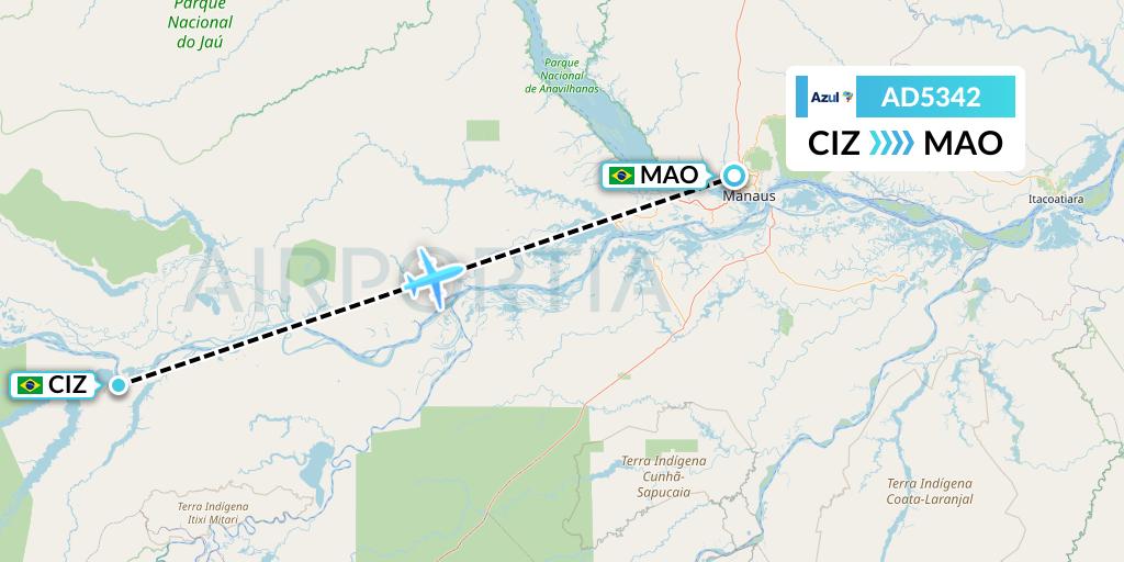 AD5342 Azul Brazilian Airlines Flight Map: Coari to Manaus