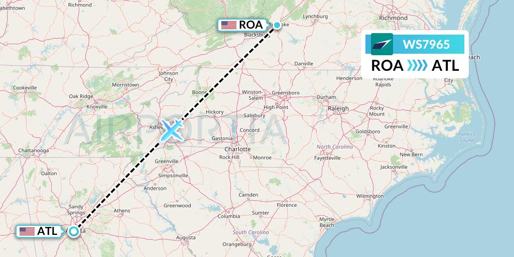 WS7965 WestJet Flight Map: Roanoke to Atlanta