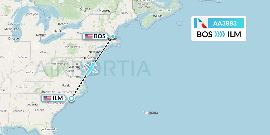 AA3883 American Airlines Flight Map: Boston to Wilmington