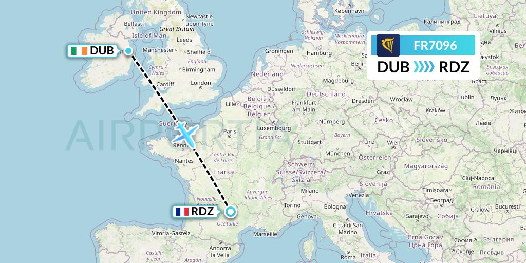 FR7096 Ryanair Flight Map: Dublin to Rodez