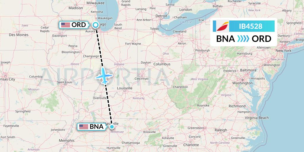 IB4528 Iberia Flight Map: Nashville to Chicago
