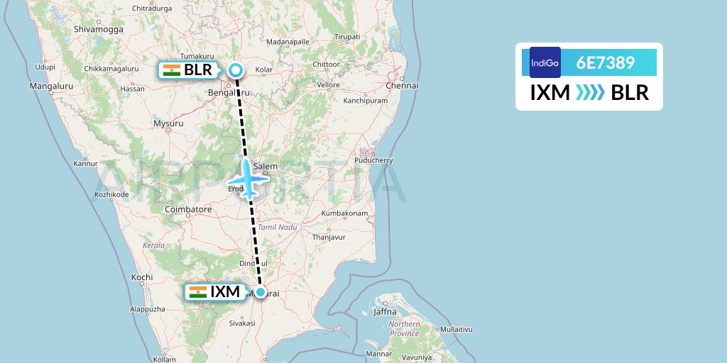 6E7389 IndiGo Airlines Flight Map: Madurai to Bangalore