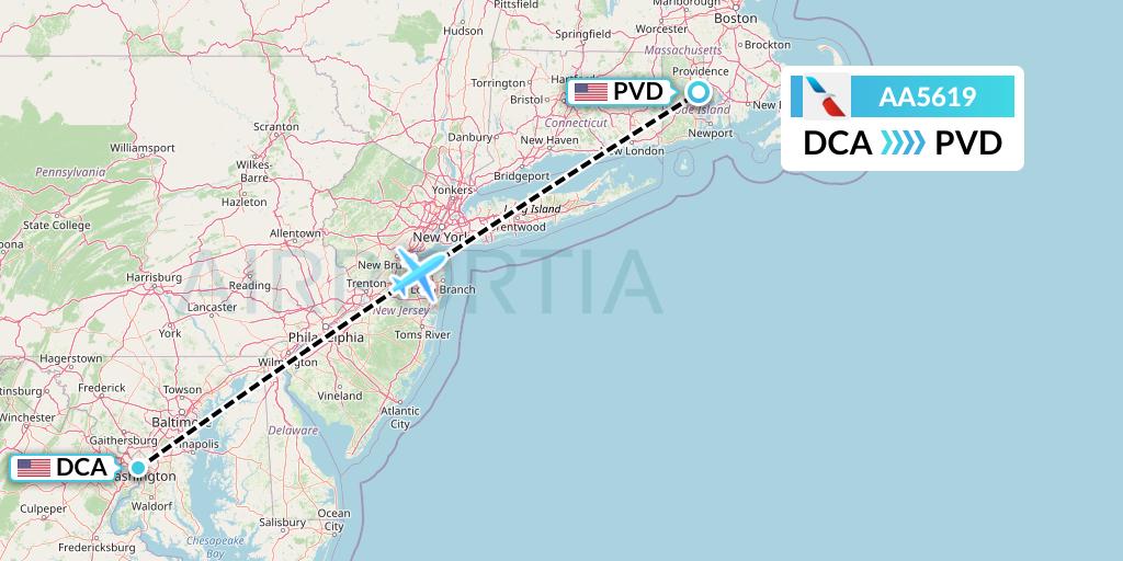 AA5619 American Airlines Flight Map: Washington to Providence