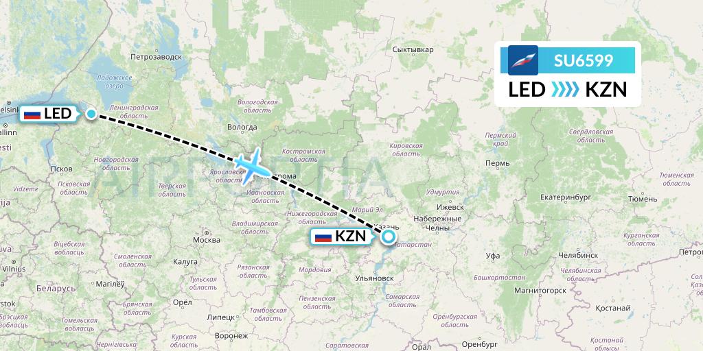 SU6599 Aeroflot Flight Map: St. Petersburg to Kazan