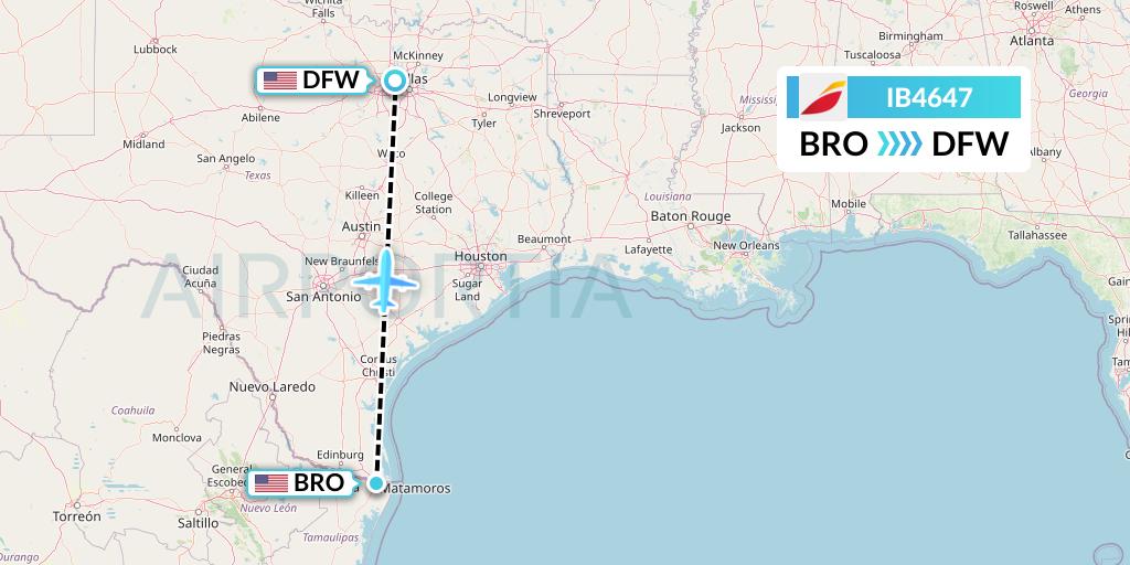IB4647 Iberia Flight Map: Brownsville to Dallas