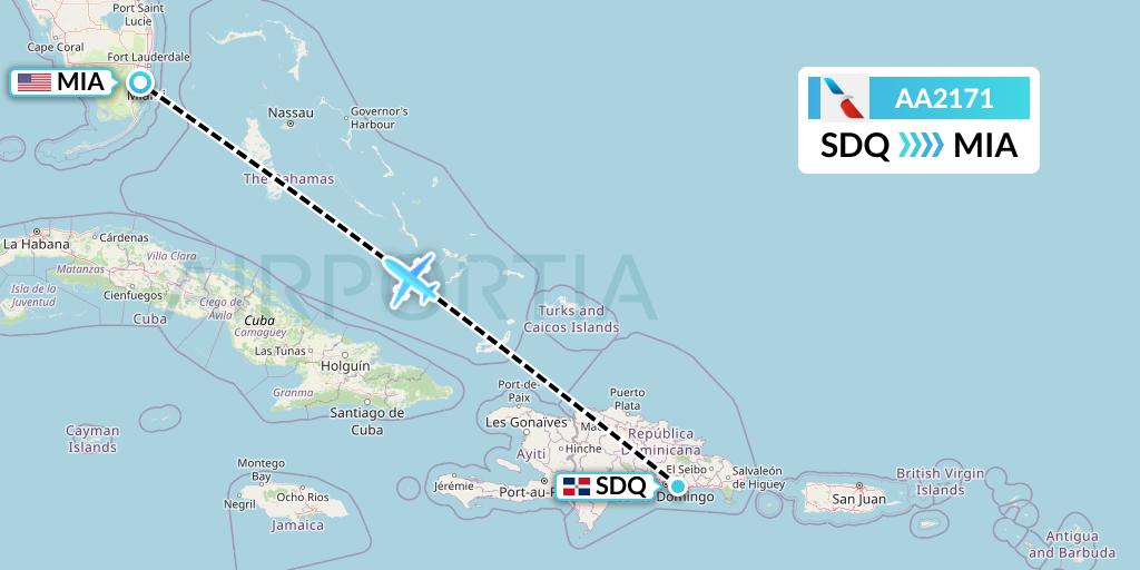 AA2171 American Airlines Flight Map: Santo Domingo to Miami