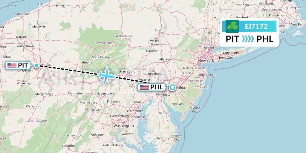 EI7172 Aer Lingus Flight Map: Pittsburgh to Philadelphia