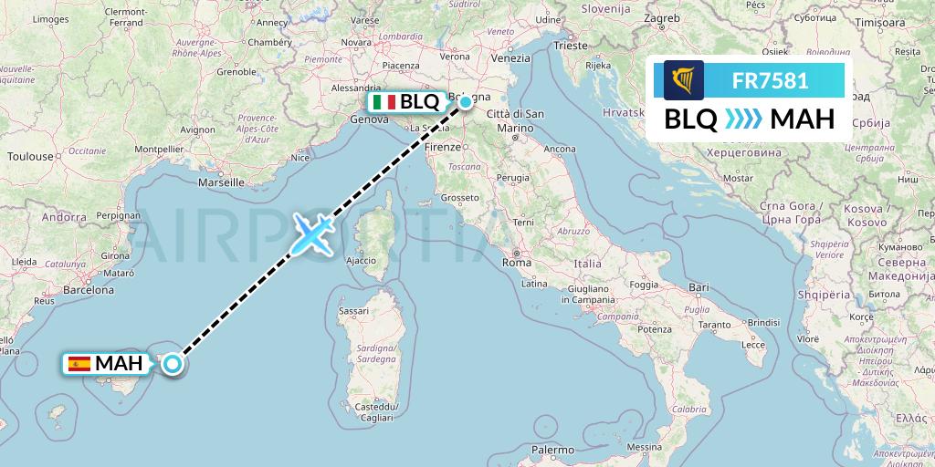 FR7581 Ryanair Flight Map: Bologna to Mahon