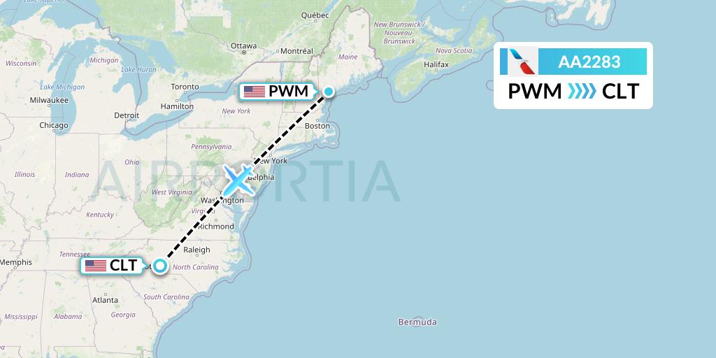 AA2283 American Airlines Flight Map: Portland to Charlotte