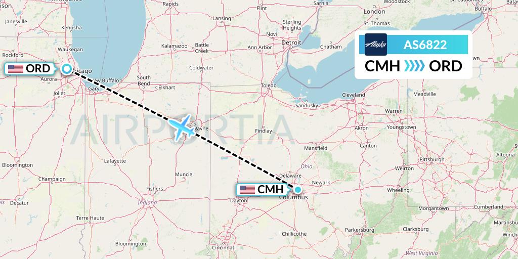AS6822 Alaska Airlines Flight Map: Columbus to Chicago