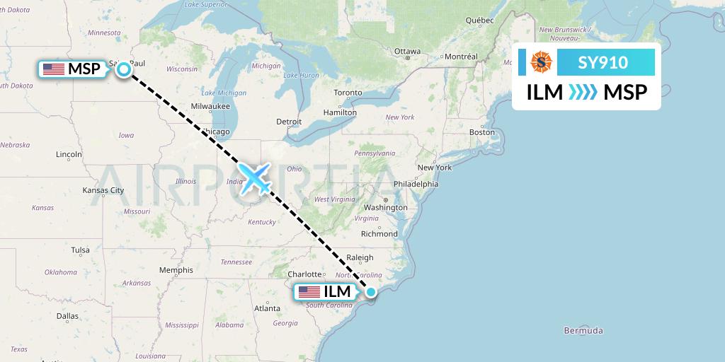 SY910 Sun Country Airlines Flight Map: Wilmington to Minneapolis