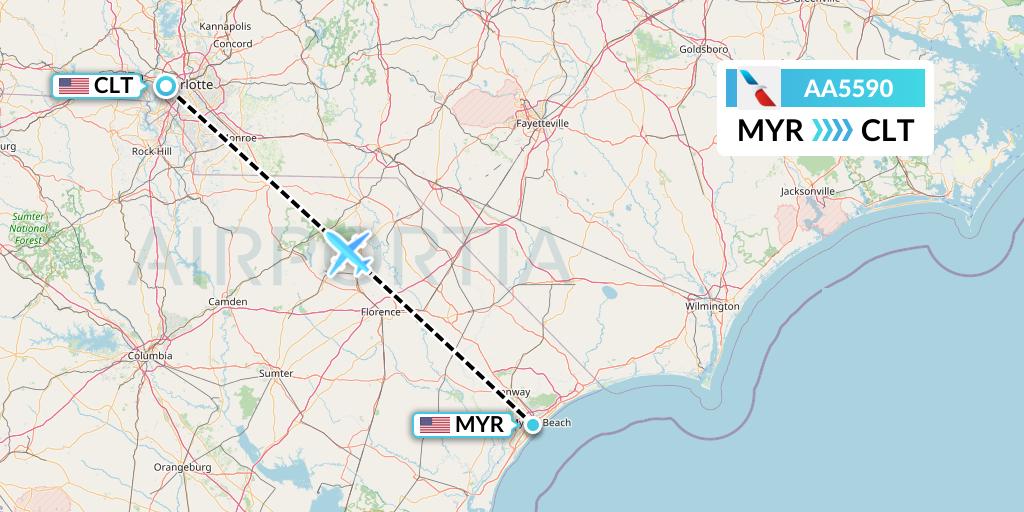AA5590 American Airlines Flight Map: Myrtle Beach to Charlotte