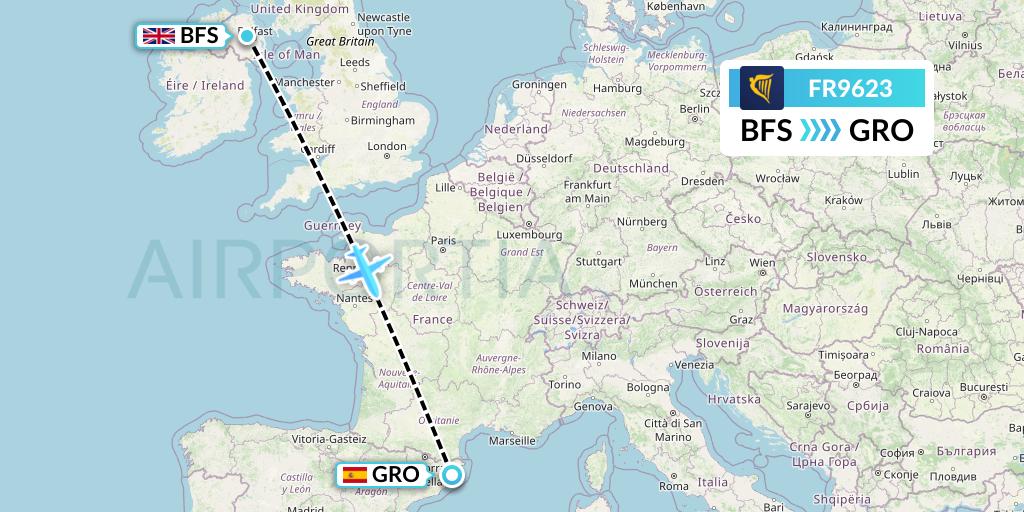 FR9623 Ryanair Flight Map: Belfast to Girona