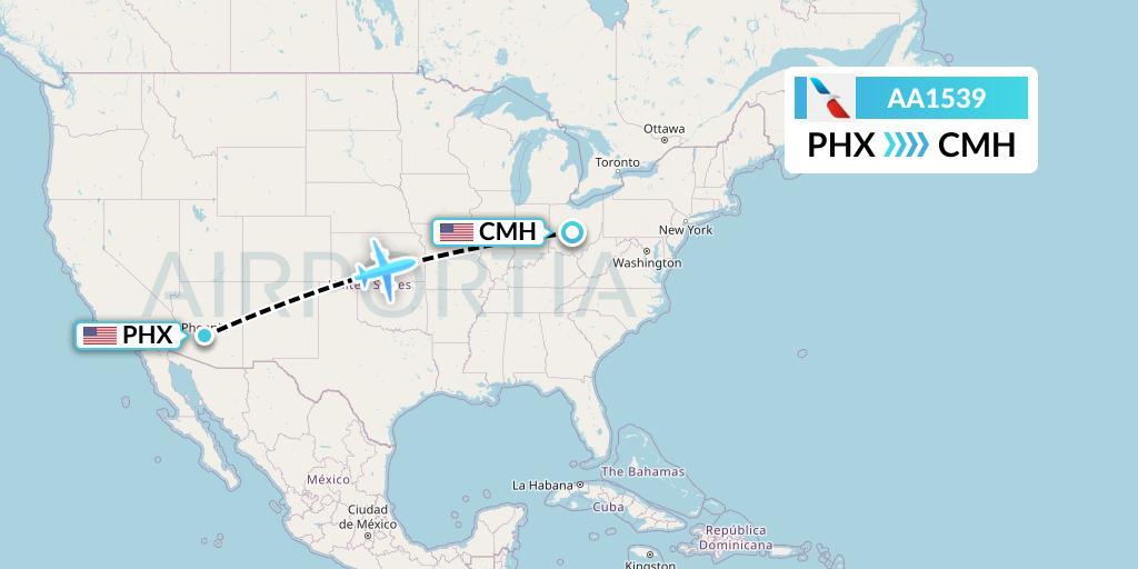 AA1539 American Airlines Flight Map: Phoenix to Columbus