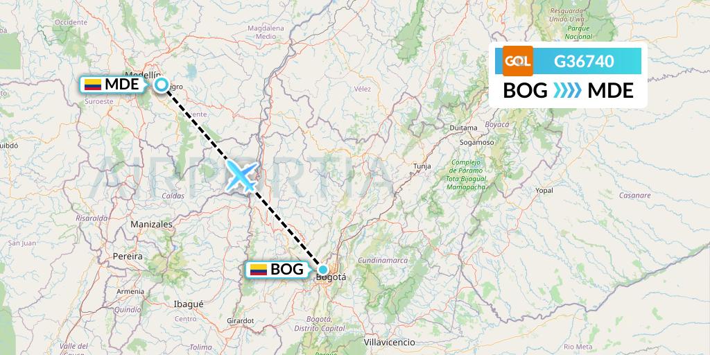G36740 GOL Transportes Aeros Flight Map: Bogota to Medellin