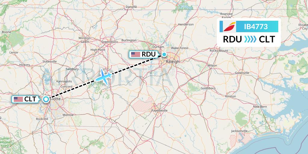 IB4773 Iberia Flight Map: Raleigh-Durham to Charlotte