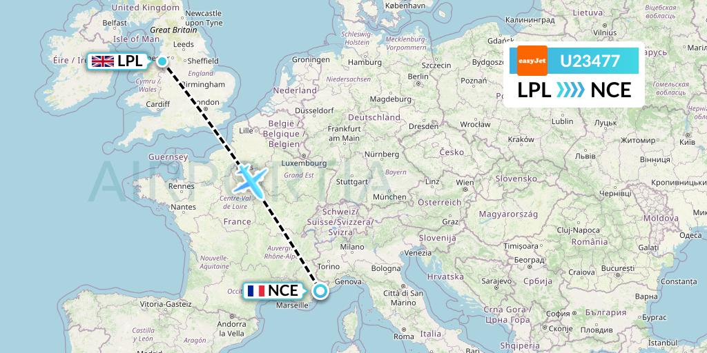 U23477 EasyJet Flight Map: Liverpool to Nice