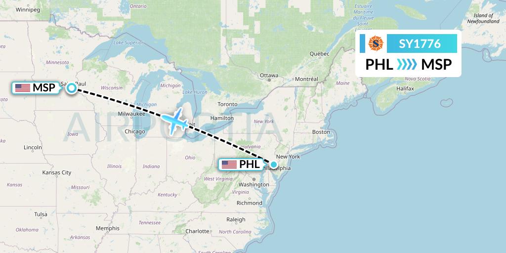 SY1776 Sun Country Airlines Flight Map: Philadelphia to Minneapolis