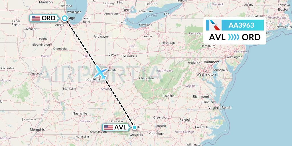 AA3963 American Airlines Flight Map: Asheville to Chicago