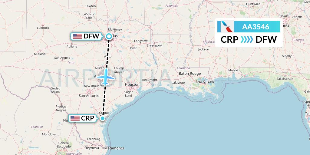 AA3546 American Airlines Flight Map: Corpus Christi to Dallas