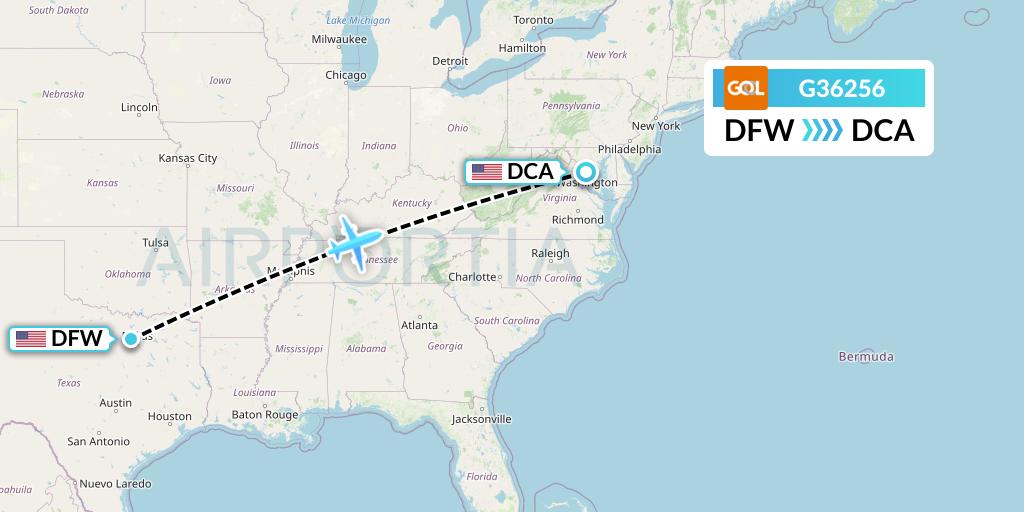 G36256 GOL Transportes Aeros Flight Map: Dallas to Washington