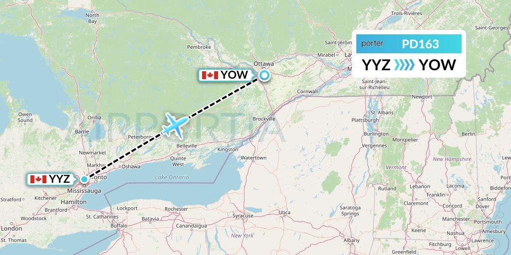 PD163 Porter Airlines Flight Map: Toronto to Ottawa