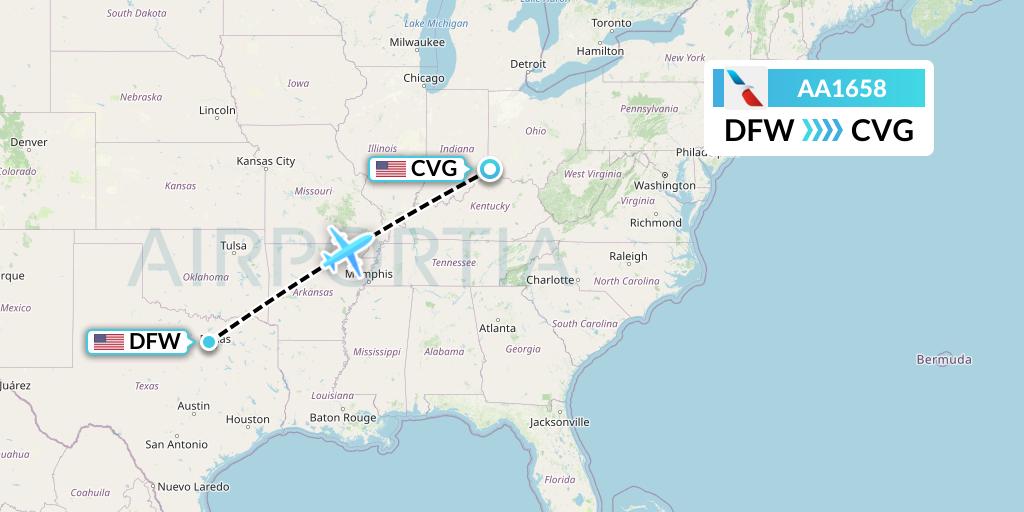 AA1658 American Airlines Flight Map: Dallas to Cincinnati