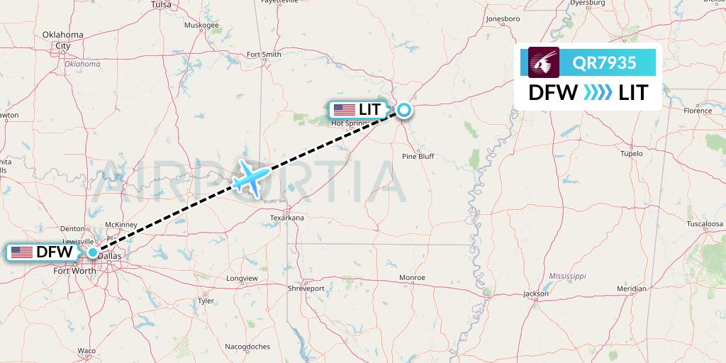 QR7935 Qatar Airways Flight Map: Dallas to Little Rock