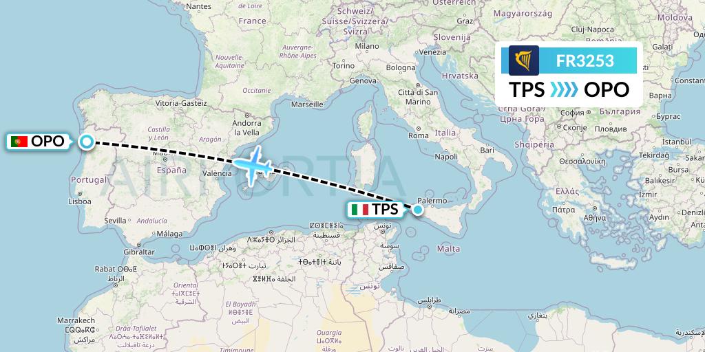 FR3253 Ryanair Flight Map: Trapani to Porto