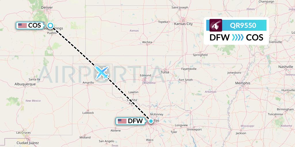 QR9550 Qatar Airways Flight Map: Dallas to Colorado Springs
