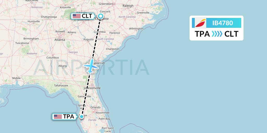 IB4780 Iberia Flight Map: Tampa to Charlotte