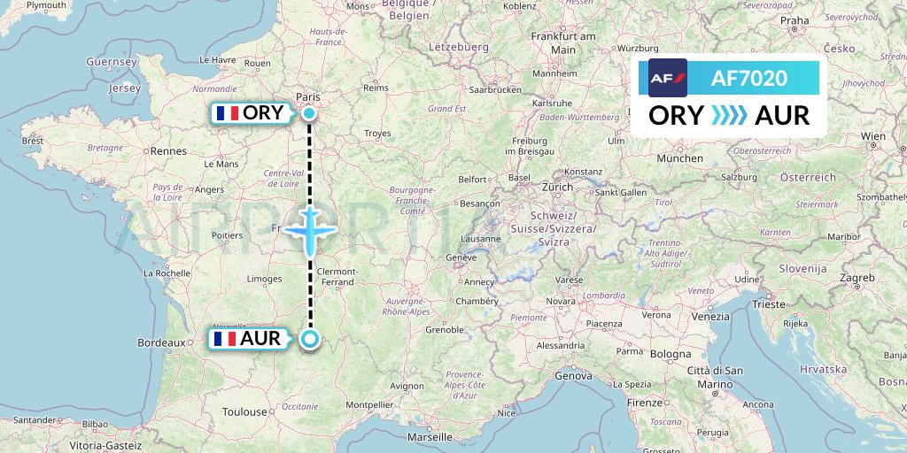 AF7020 Air France Flight Map: Paris to Aurillac