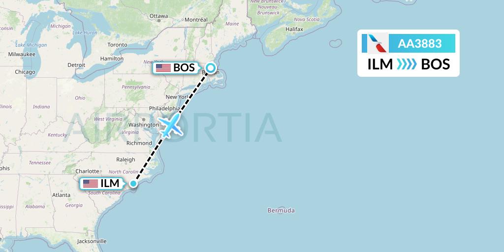 AA3883 American Airlines Flight Map: Wilmington to Boston