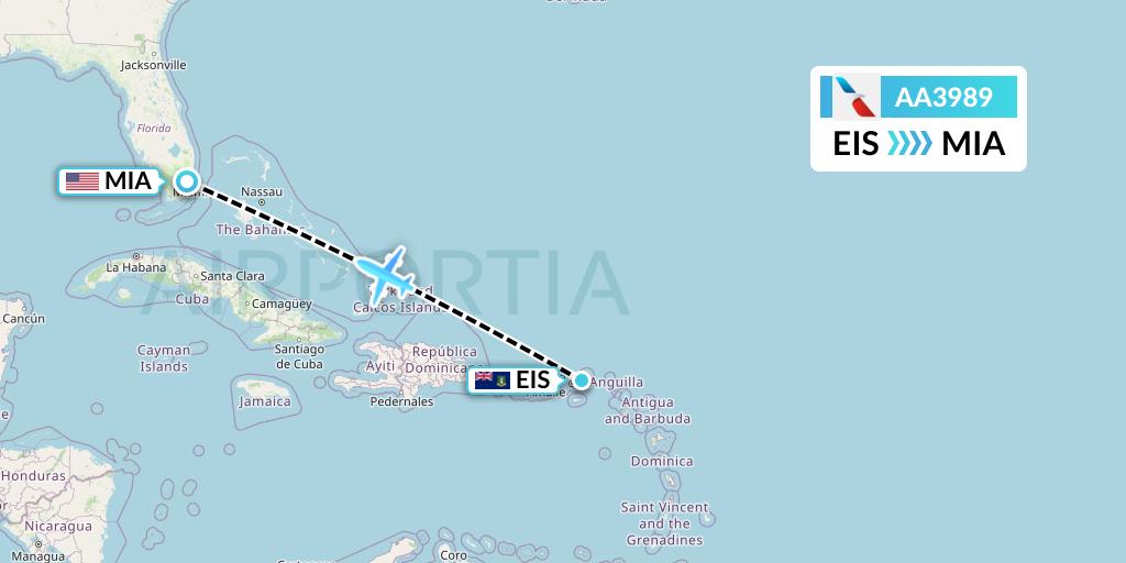 AA3989 American Airlines Flight Map: Beef Island to Miami