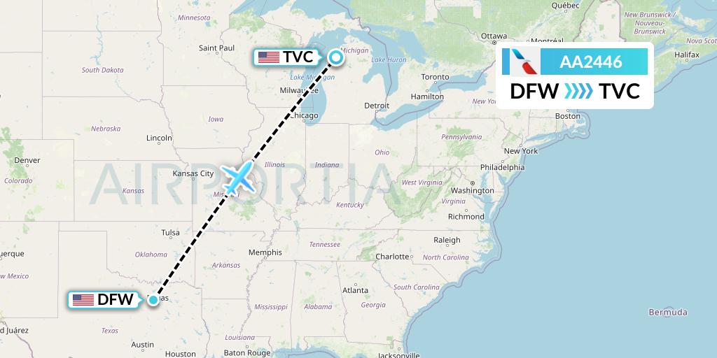 AA2446 American Airlines Flight Map: Dallas to Traverse City