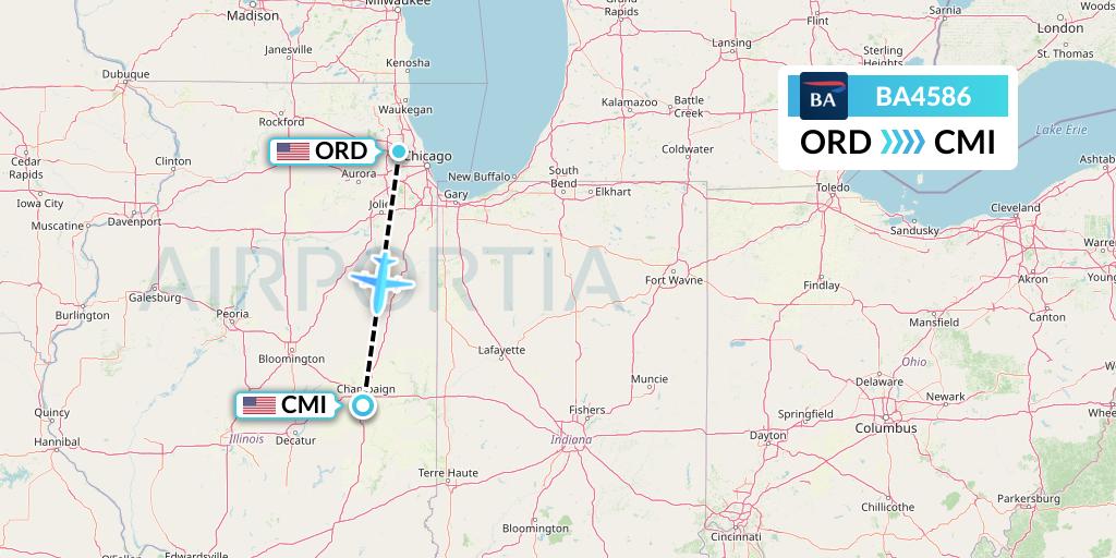 BA4586 British Airways Flight Map: Chicago to Champaign