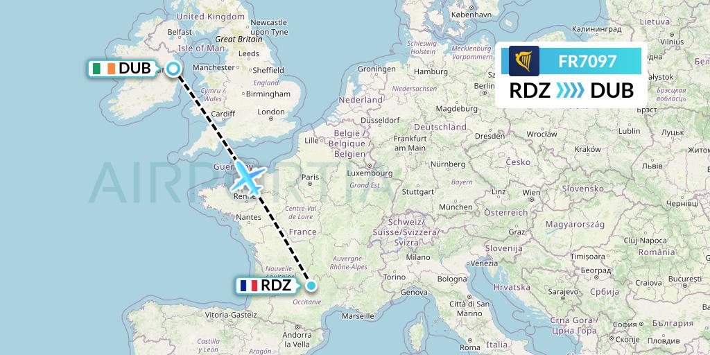 FR7097 Ryanair Flight Map: Rodez to Dublin