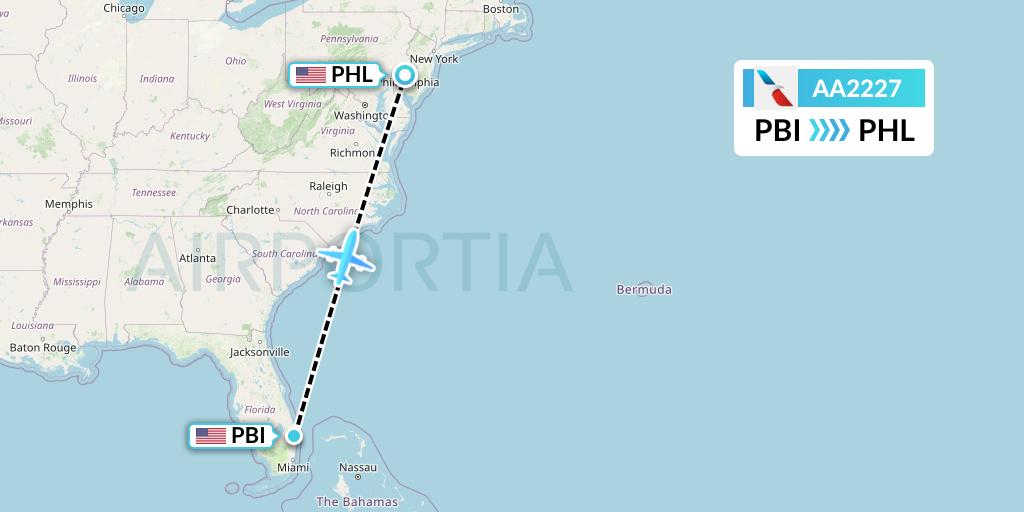 AA2227 American Airlines Flight Map: West Palm Beach to Philadelphia